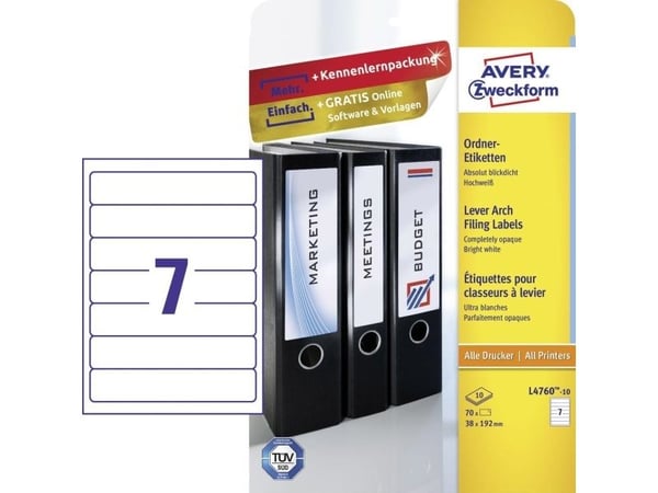 Avery L4760-10, Hvit, Avrundet rektangel, Permanent, 38 x 192 mm, A4, Ringperm