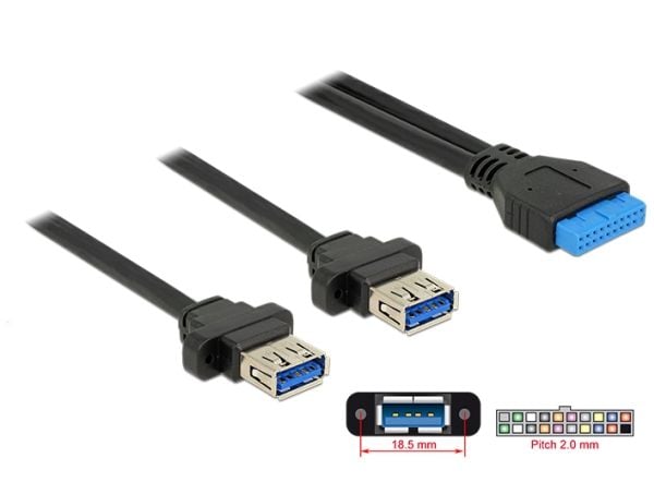 DeLOCK - USB-kaapeli - 19-pinninen USB 3.0 samlekasse (hun) til USB Type A (hun) panelmonterbar - 80 cm - sort - for P/N: 95234