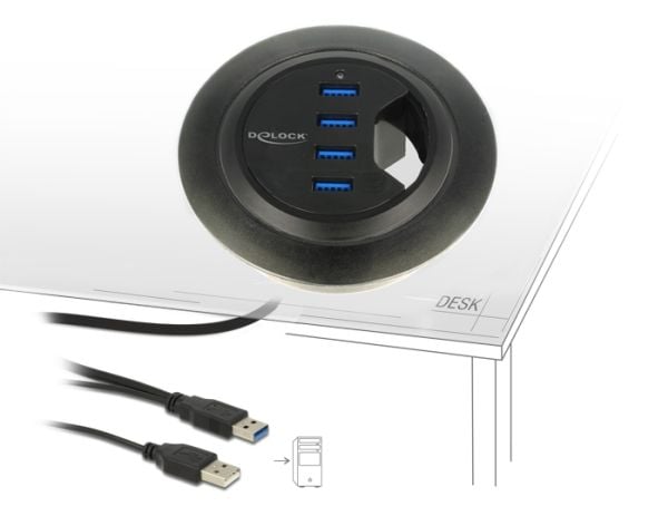Delock In-Desk Hub - Keskitin - 4 x SuperSpeed USB 3.0 - työpöytätietokoneet