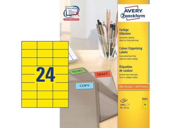 Avery - Gul - 70 x 37 mm 2400 etikett(er) (100 ark x 24) filmappeetiketter
