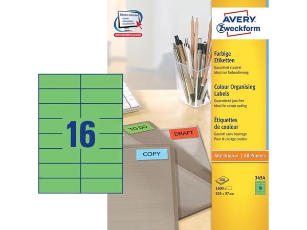 Avery 3454, Vihreä, Itse kiinnittyvä tulostintarra, A4, Paperi, Laser/Inkjet, Kiinteä
