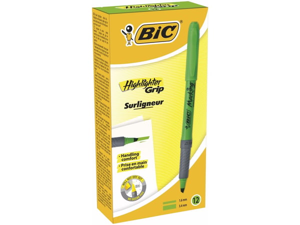 BIC brite liner Grip - Överstrykningspenna - fluorescerande grön - vattenbaserat bläck - 1.6-3.4 mm - fin (paket om 12)