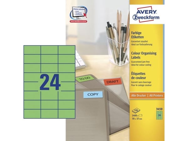 Avery - Grønn - 70 x 37 mm 2400 etikett(er) (100 ark x 24) filmappeetiketter