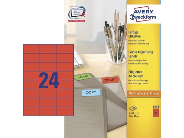 Avery 3448, Punainen, Itse kiinnittyvä tulostintarra, A4, Paperi, Laser/Inkjet, Kiinteä
