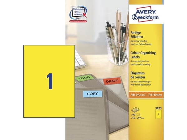 Avery - Gul - A4 (210 x 297 mm) 100 stk (100 ark x 1) merkelapper