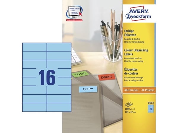 Avery Universal Labels, Blue 105x37mm, 105 x 37, 1600 kpl, 100 arkkia