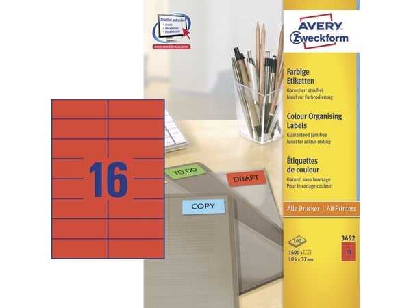 Avery - Rød - 105 x 37 mm 1600 etikett(er) (100 ark x 16) filmappeetiketter