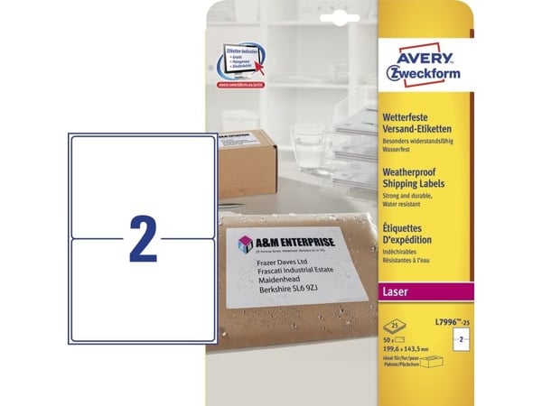 Avery Zweckform L7996 - Permanet adhesiv - hvit - 143.5 x 199.6 mm 50 etikett(er) (25 ark x 2) forsendelsesetiketter