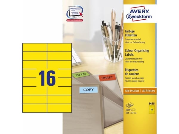 Avery - Gul - 105 x 37 mm 1600 etikett(er) (100 ark x 16) filmappeetiketter
