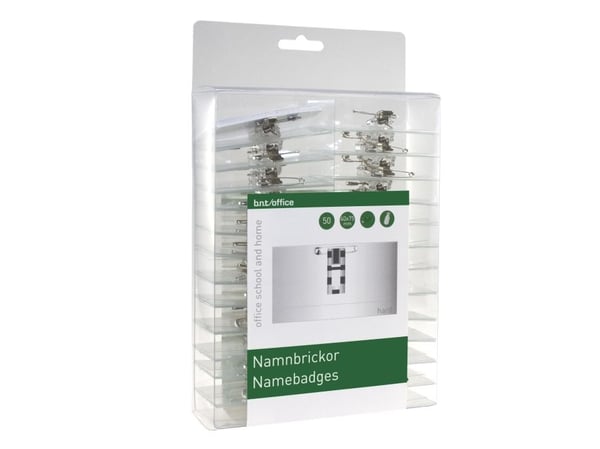 Navneskilte 40x75 mm med clip, nål & indstik - (50 stk.)