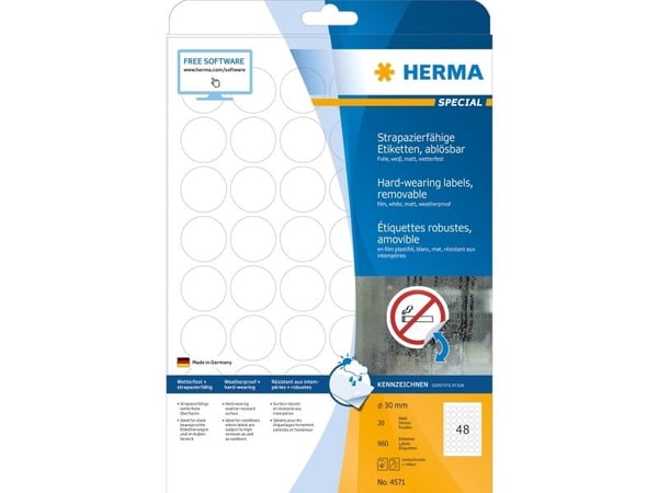 HERMA Special - Matt - fjernbart selv-adhesiv - hvit - 30 mm rund 960 etikett(er) (20 ark x 48) filmetiketter
