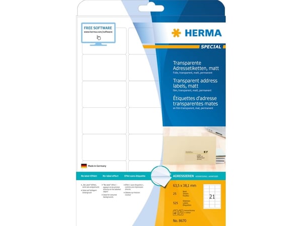 HERMA 8670, Läpinäkyvä, Laser, Matta, Kiinteä, Pyöristetty suorakulmio, 6,35 cm