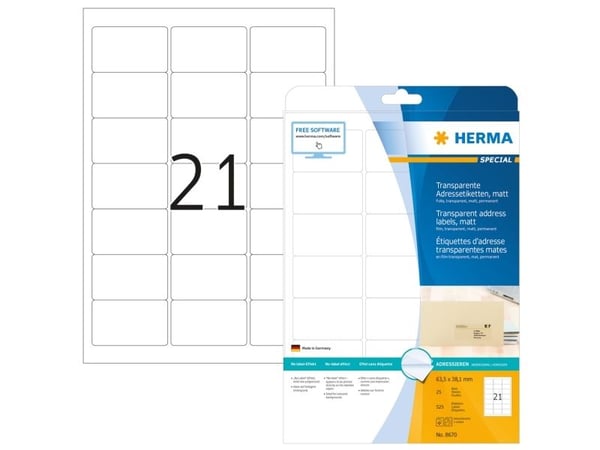 HERMA 8670, Läpinäkyvä, Laser, Matta, Kiinteä, Pyöristetty suorakulmio, 6,35 cm