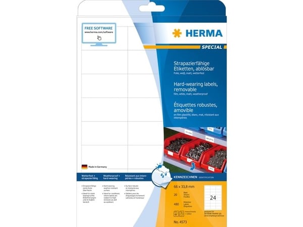 HERMA Special - Matt - fjernbart selv-adhesiv - hvit - 66 x 33.8 mm 480 etikett(er) (20 ark x 24) filmetiketter