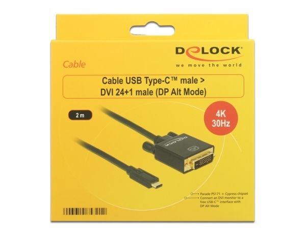 DeLOCK 2m, USB-C/DVI 24+1, 3840 x 2160 pikseliä