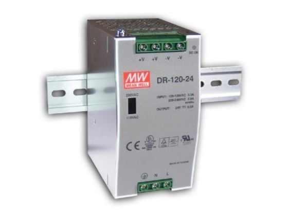 MEAN WELL DR-120-12, 120 W, 170 - 264 V, 47 - 63 Hz, 36 ms, 80%, Ylijännite, Ylikuumeneminen, Ylikuormittaa, Oikosulku