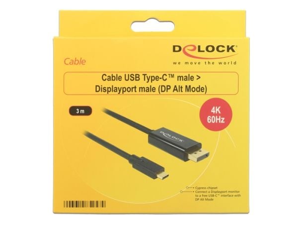 DeLOCK 85257, 3 m, USB Type-C, DisplayPort, Uros, Uros, Kulta