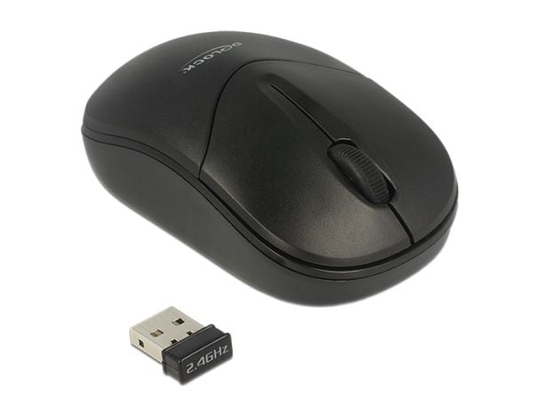Delock - Mus - høyre- og venstrehåndet - optisk - 3 knapper - trådløs - 2.4 GHz - USB trådløs mottaker - svart - løsvekt