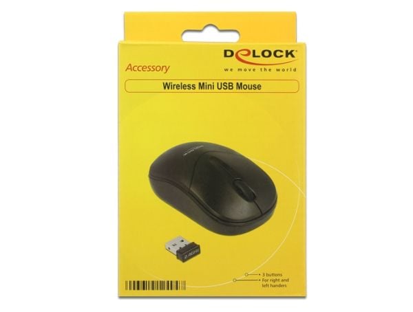 Delock - Mus - høyre- og venstrehåndet - optisk - 3 knapper - trådløs - 2.4 GHz - USB trådløs mottaker - svart - løsvekt