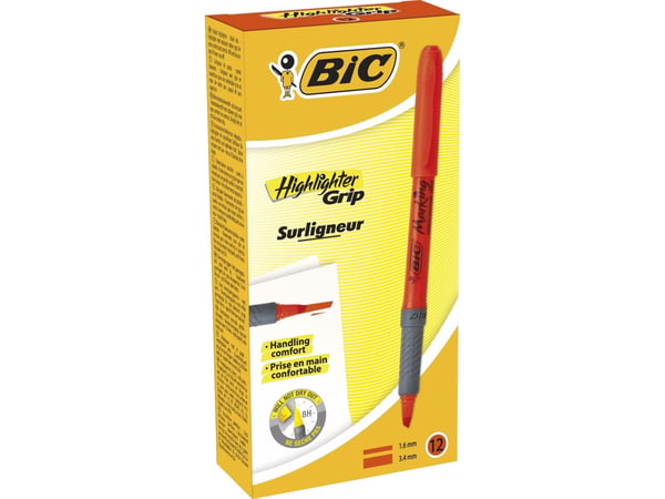 BIC brite liner Grip - Markeringspenn - fluorescerende oransje - vannbasert blekk - 1.6-3.4 mm - fin og bred (en pakke 12)