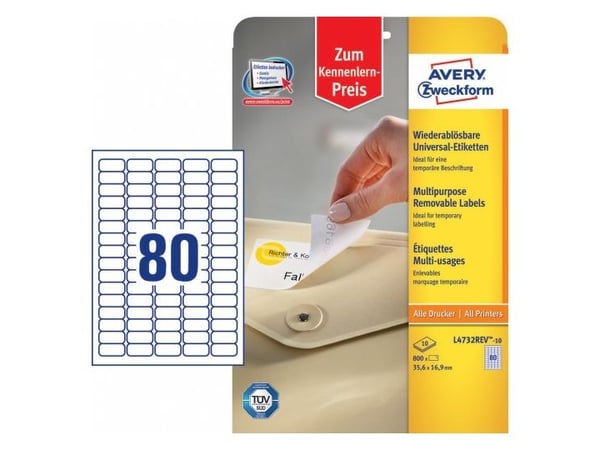 Avery L4732REV-10, Vit, Självhäftande skrivaretikett, A4, papper, Laser/bläckstråleskrivare, Universal