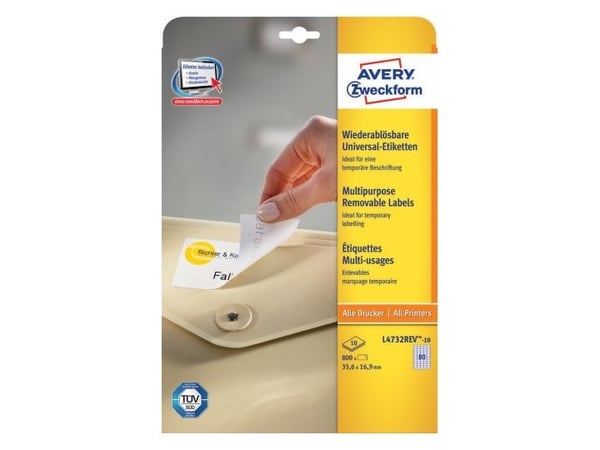 Avery L4732REV-10, Hvit, Selvklebende skriveretikett, A4, Papir, Laser/Blekkskriver, Universell