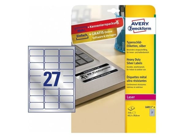 Avery L6011-8, Sølv, Selvklebende skriveretikett, A4, Polyester, Laser, Permanent