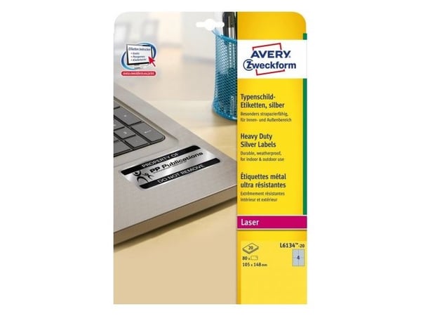 Avery L6134-20, Sølv, Selvklebende skriveretikett, A4, Polyester, Laser, Permanent