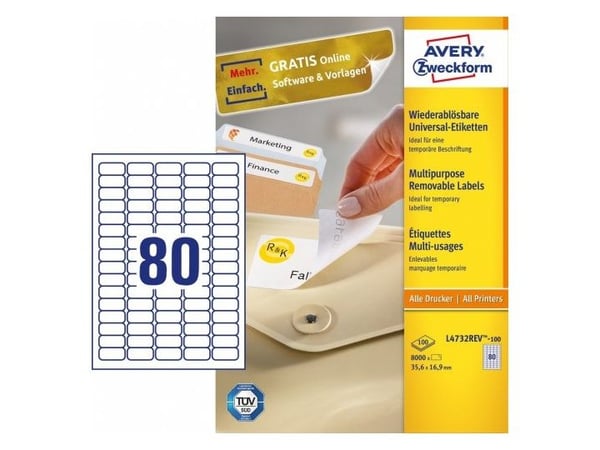 Avery L4732REV-100, Valkoinen, Itse kiinnittyvä tulostintarra, A4, Paperi, Laser/Inkjet, Irroitettava
