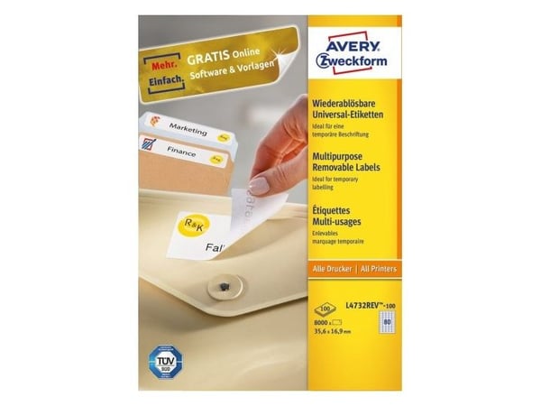 Avery L4732REV-100, Valkoinen, Itse kiinnittyvä tulostintarra, A4, Paperi, Laser/Inkjet, Irroitettava