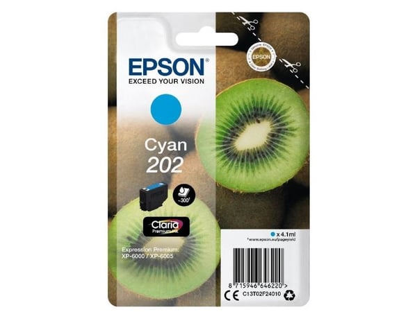 Epson Kiwi Singlepack Cyan 202 Claria Premium Ink, Perusvärintuotto, Syaani, 4,1 ml, 1 kpl, 300 sivua
