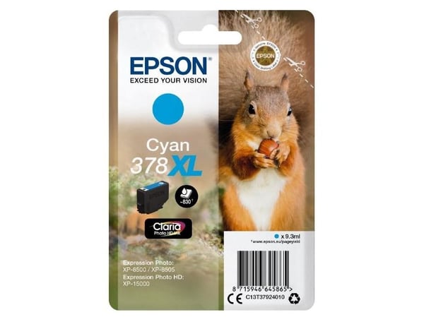 Epson Squirrel Singlepack Cyan 378XL Claria Photo HD Ink, Korkea (XL) värintuotto, Syaani, 9,3 ml, 1 kpl, 830 sivua