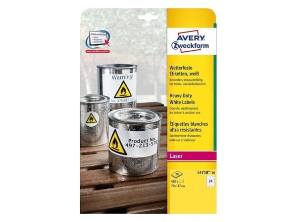 Avery Zweckform L4718 - Polyester - matte - permanent klebemiddel - hvit - 70 x 37 mm 480 etikett(r) (20 ark x 24) etikett