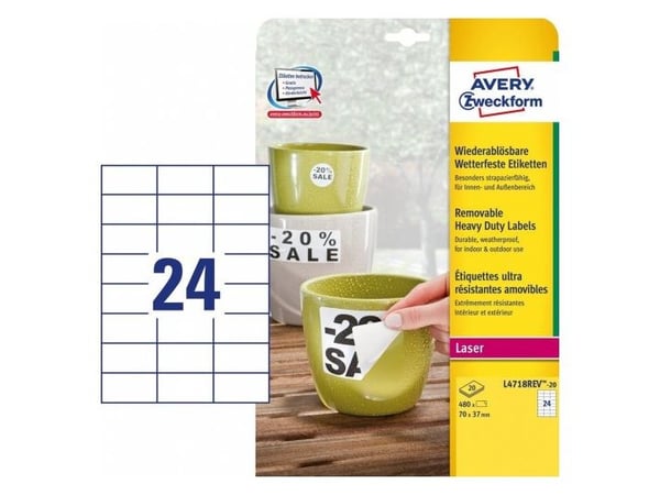 Avery L4718REV-20, Vit, Självhäftande skrivaretikett, A4, Polyester, laser, Lösa