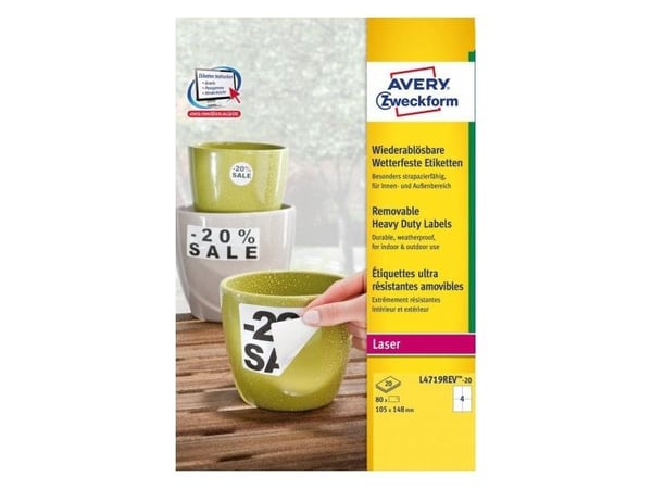 Avery L4719REV-20, Hvit, Selvklebende skriveretikett, A4, Folie, Polyester, Laser, Avtagbar