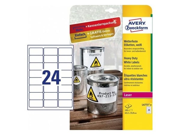 Avery L4773-8, Hvit, Selvklebende skriveretikett, A4, Polyester, Laser, Permanent