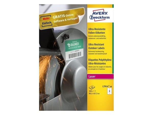 Avery L7914-40, hvit, selvklebende skriveretikett, A4, polyetylen, laser, permanent