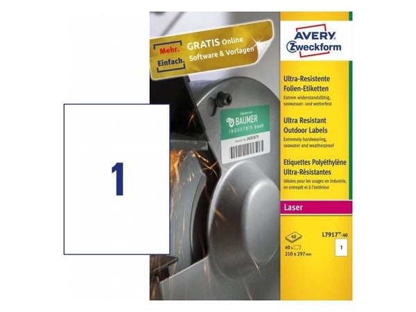 Avery L7917-40, hvit, selvklebende skriveretikett, A4, polyetylen, laser, permanent