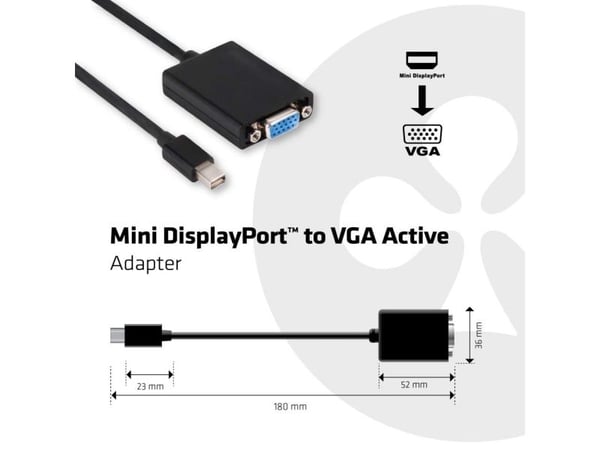 CLUB3D Mini DisplayPort to VGA Active Adapter, Mini Displayport, VGA, 150 m