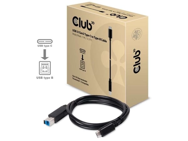 Club 3D - USB-kabel - USB-C (hann) til USB Type B (hann) - USB 3.1 Gen 2 - 30 V - 3 A - 1 m
