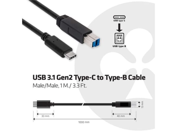 Club 3D - USB-kabel - USB-C (hann) til USB Type B (hann) - USB 3.1 Gen 2 - 30 V - 3 A - 1 m