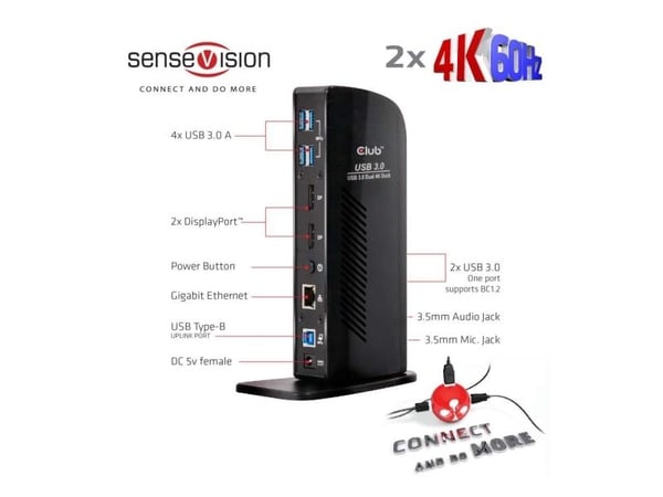 Club 3D SenseVision USB 3.0 Dual Display 4K60Hz Docking Station - Dokkingstasjon - USB - DP - 1GbE