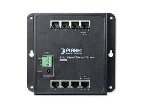 PLANET WGS-803 - Switch - ikke-styrt + 8 x 10/100/1000 - DIN-skinnemonterbar, veggmonterbar - DC-strøm
