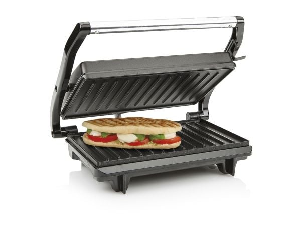 Tristar GR-2650, Sort, Rustfritt stål, Rektangulær, Griddle, 225 x 140 mm, Hengslet Lokk, Låsbart lokk, Kraft indikator