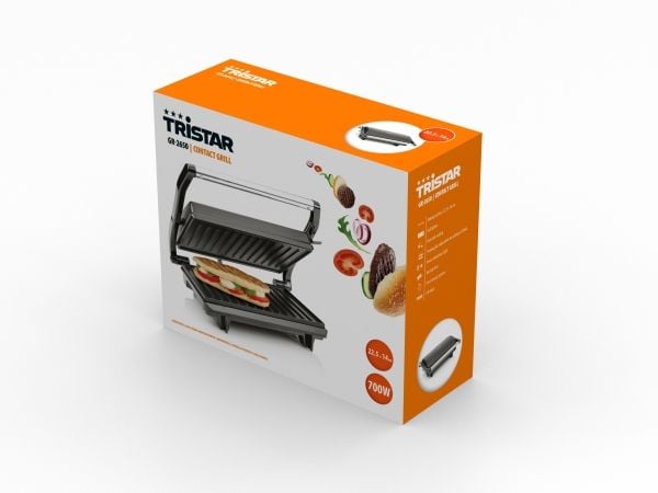 Tristar GR-2650, Sort, Rustfritt stål, Rektangulær, Griddle, 225 x 140 mm, Hengslet Lokk, Låsbart lokk, Kraft indikator
