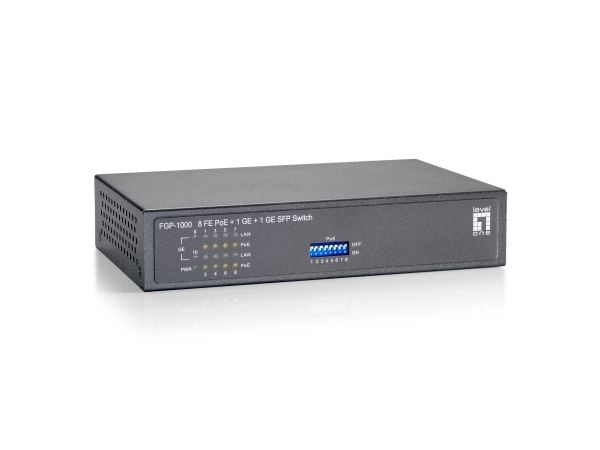 LevelOne FGP-1000W90 - Switch - 8 x 10/100 (PoE) + 1 x 10/100/1000 + 1 x 100/1000 SFP - stasjonær, veggmonterbar - PoE (82 W)