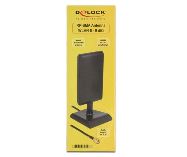 Delock WLAN RP-SMA - Antenne - Wi-Fi, Bluetooth - 6 dBi (for 2,4 GHz - 2,5 GHz), 9 dBi (for 5,15 - 5,875 GHz) - direksjonal - svart