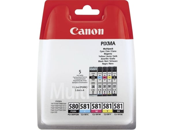 Canon PGI-580/CL-581, Perusvärintuotto, Musta, Syaani, Magenta, Keltainen, 11,2 ml, 5,6 ml, 5 kpl, Monipakkaus