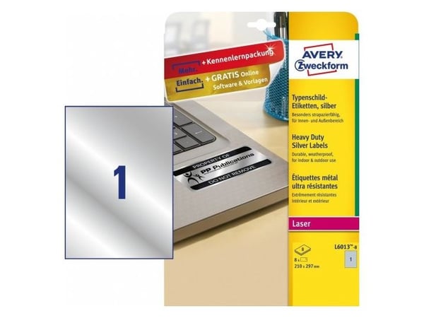 Avery L6013-8, Sølv, Selvklebende skriveretikett, A4, Polyester, Laser, Permanent