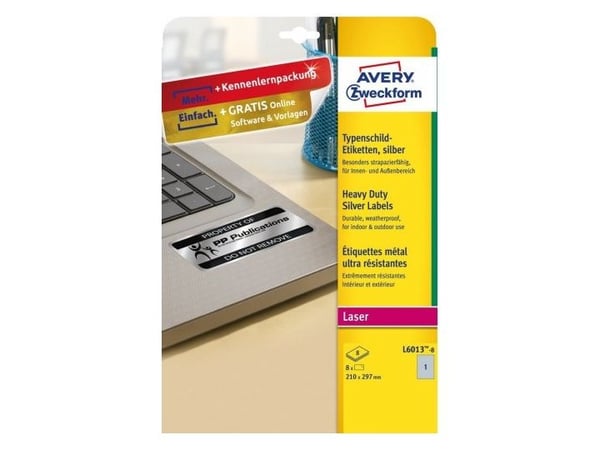 Avery L6013-8, Sølv, Selvklebende skriveretikett, A4, Polyester, Laser, Permanent